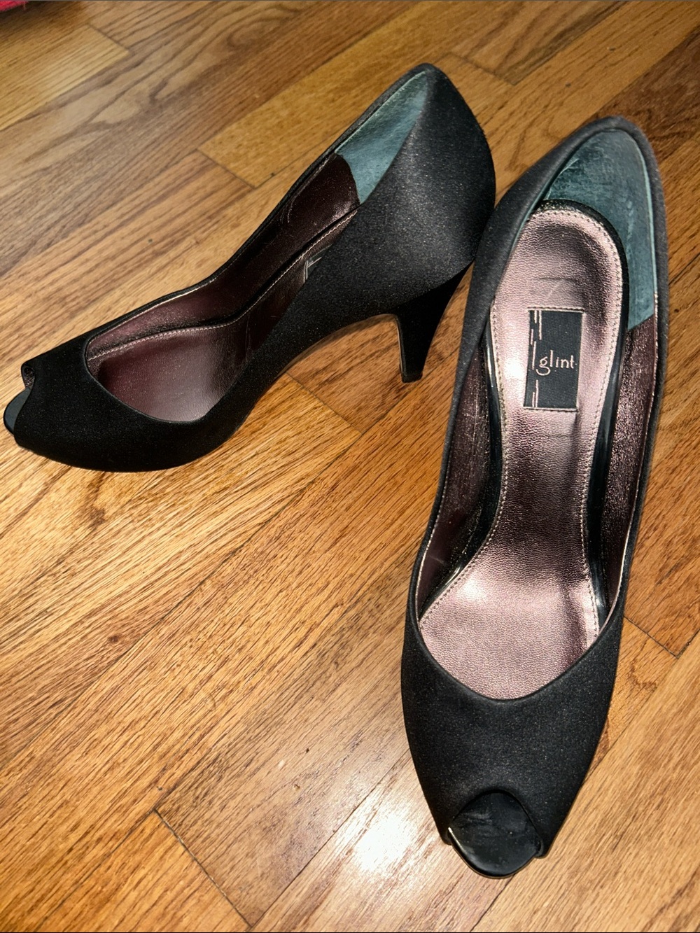 Glint Black Satin Peep-Toe Mid Heels size 9